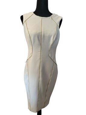 Caché Dress Slim Fitting With Brass Zipper Detailing Cream Sleeveless Size 8